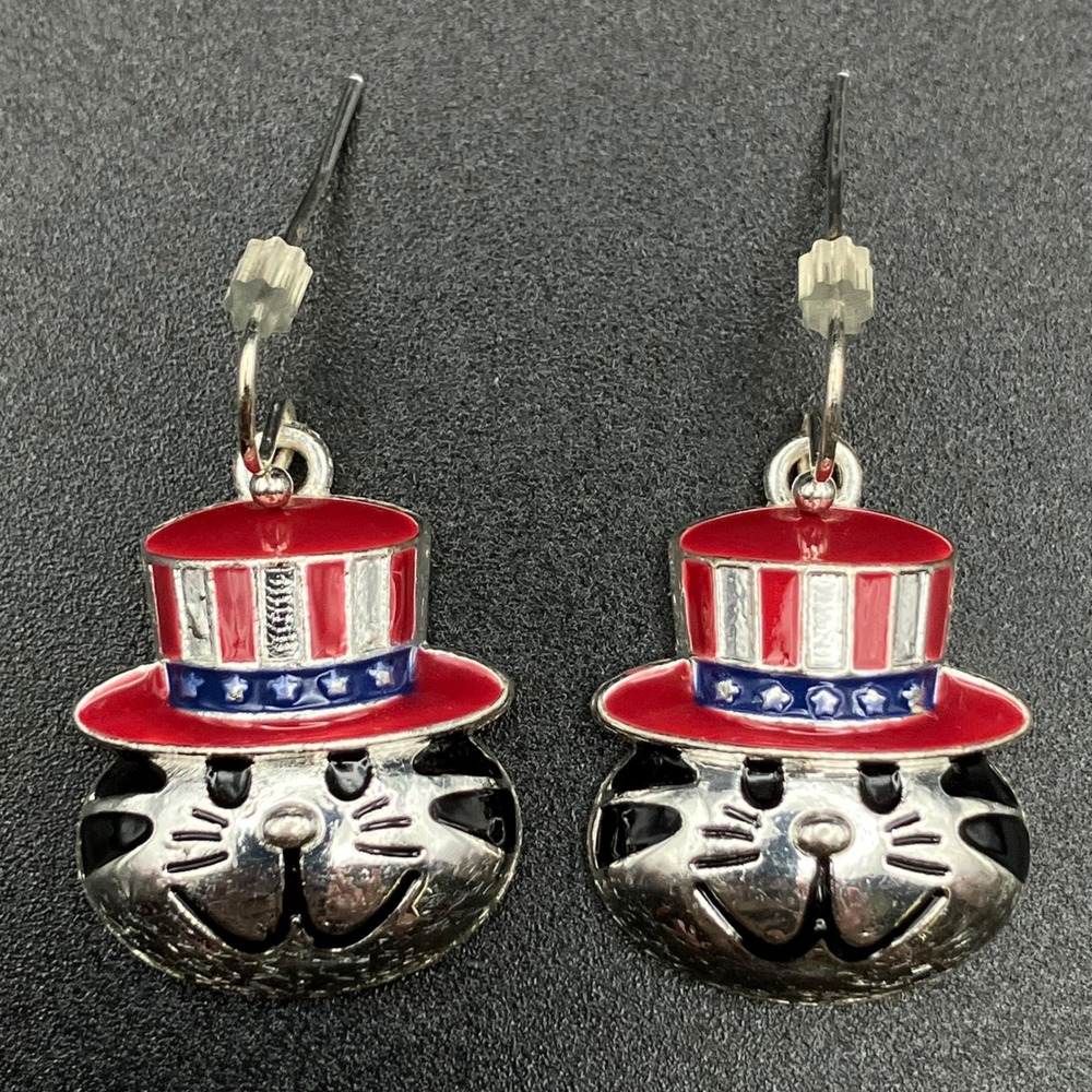 Patriotic Cat Drop Earrings Silver‎ Tone Uncle Sam Hat Red White Blue  Americana